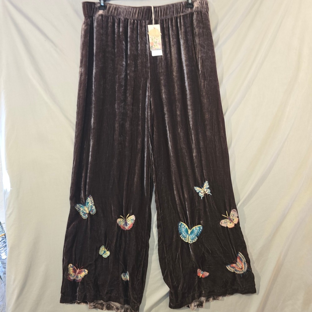 Johnny Was Los Angeles Wide Leg Pant XL Brown Velvet Butterfly Luciana Silk